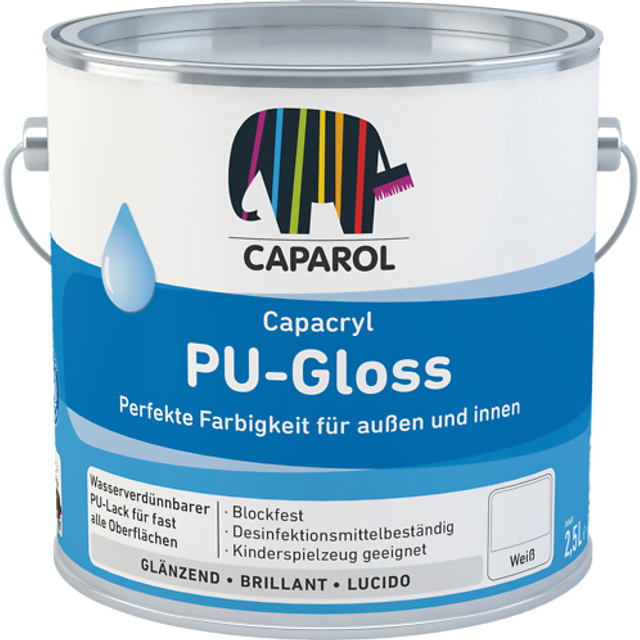 Caparol pu aqua gloss water based topcoat white 750ml or 2.5 litre