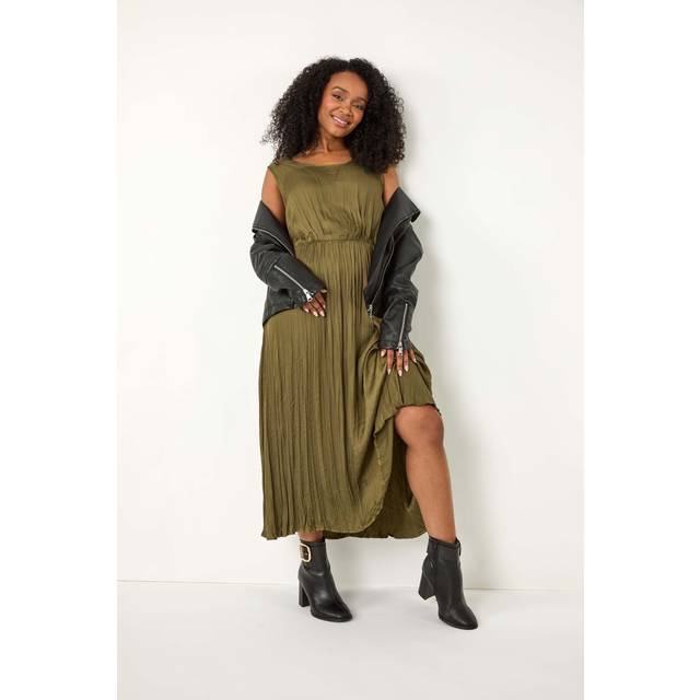 Roman Petite Khaki Crush Pleat Midi Dress - Size 12