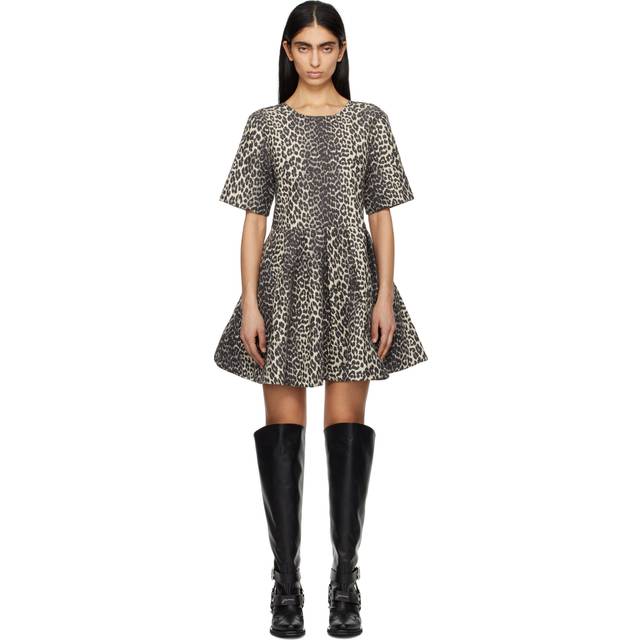 GANNI Beige & Gray Leopard Cotton Tweed Minidress - 943 Leopard - DK 32