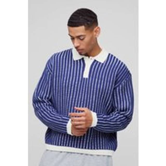 Oversized Boxy Striped Knitted Polo - Navy - L