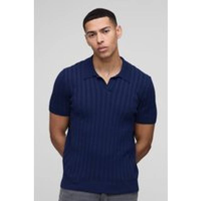 Regular Ribbed Panel Knitted Polo - Navy - M