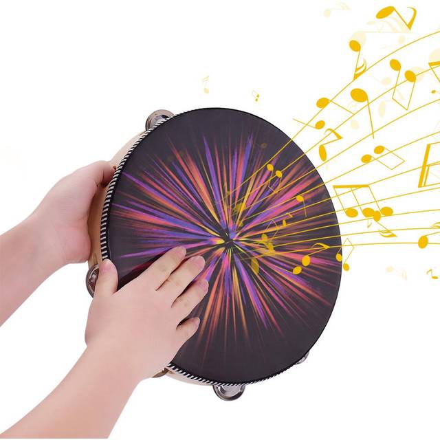 10 Inch Wooden Rdiant Tambourine Handbell Hand Drum with Single Row Jingles Reflective Drum Head black