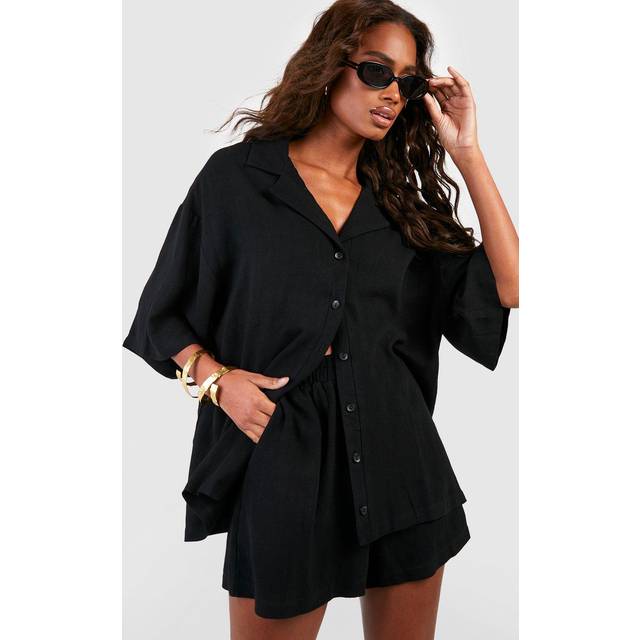 Womens Linen Look Relaxed Fit Shorts - Black - 14, Black