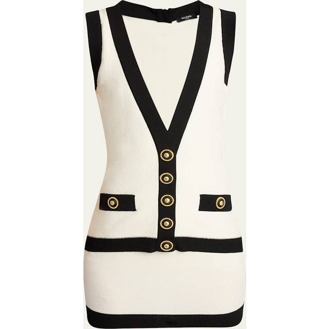 Balmain, Klänning, Dam, M, Polyester, Tvåfärgad stickad klänning med fejkad väst design