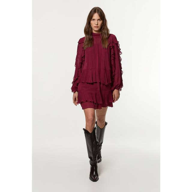 Drama Ruffle Viscose Georgette Woven Mini Dress - Berry - 8
