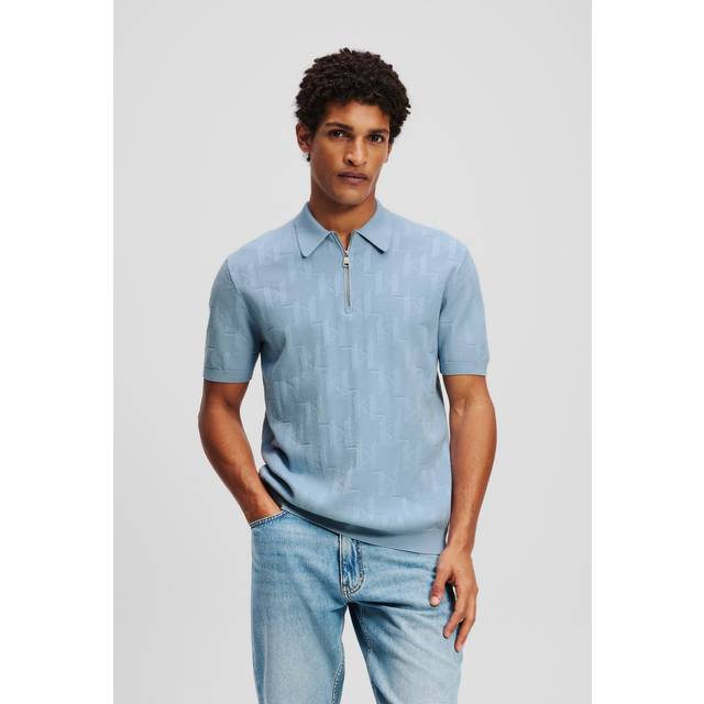 Karl Lagerfeld, Kl Monogram Zip-up Polo Shirt, Man, Soft Chambray, Size: XS