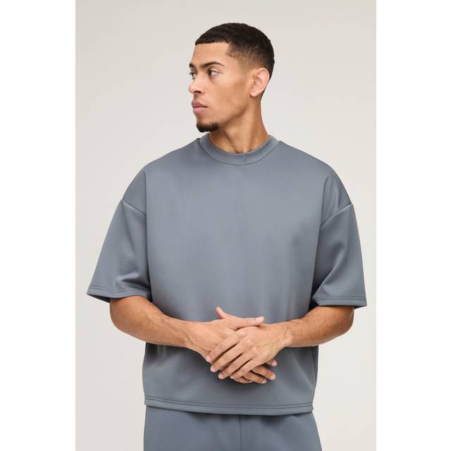 Oversized Boxy Extended Neck Scuba T-Shirt - Grey - M