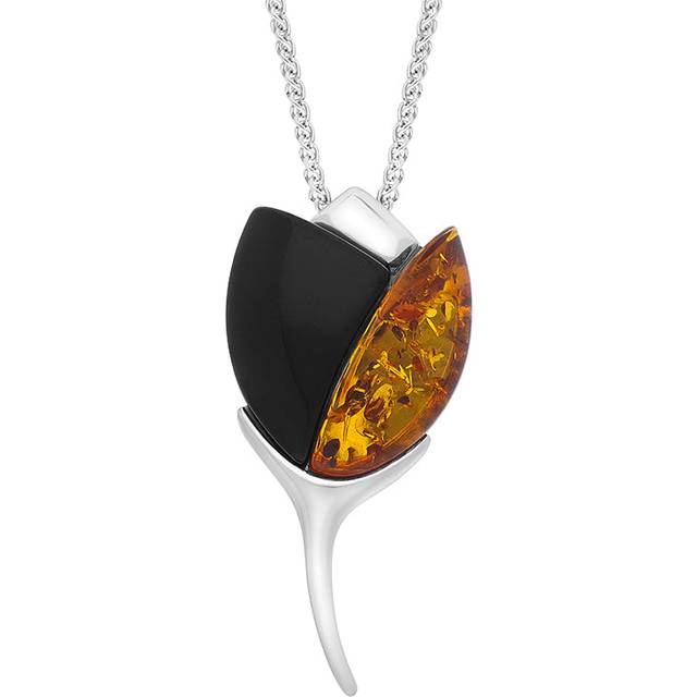 Sterling Silver Whitby Jet Amber 2 Stone Leaf Necklace