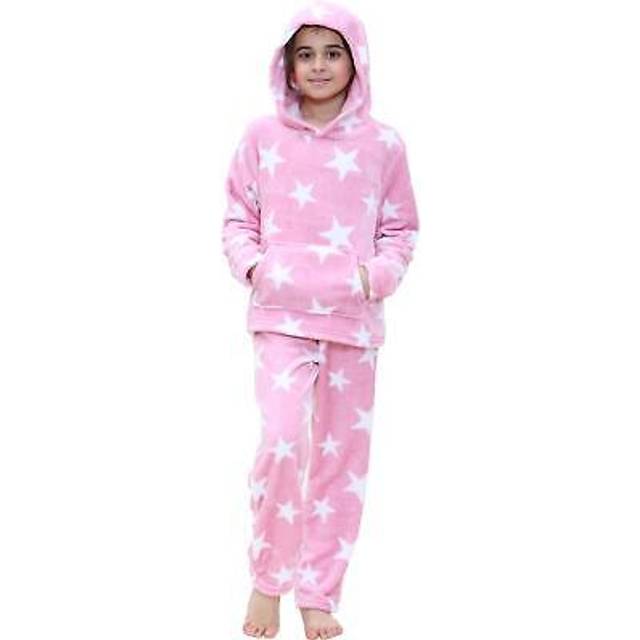 Kids girls stars print pink pyjama extra soft loungewear flannel fleece pjs set