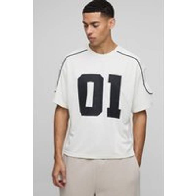 Oversized Boxy Half Sleeve Varsity T-Shirt - Cream - M