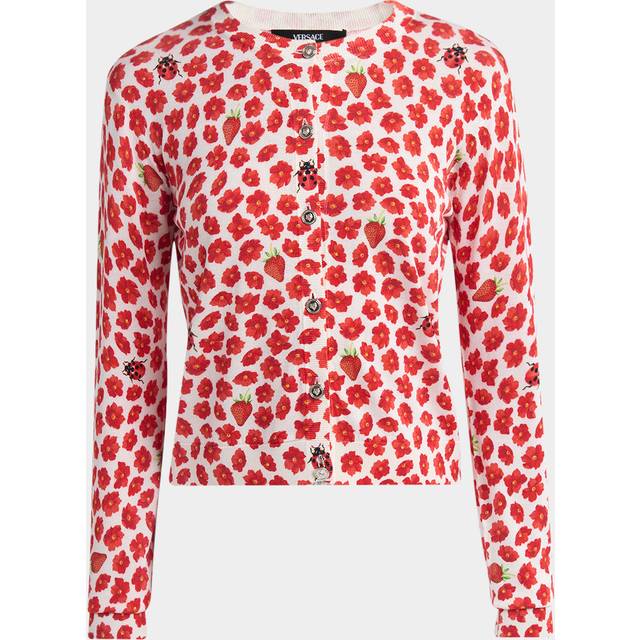 Strawberry Garden Print Silk Knit Cardigan - WHITERED - 40 IT (4 US)