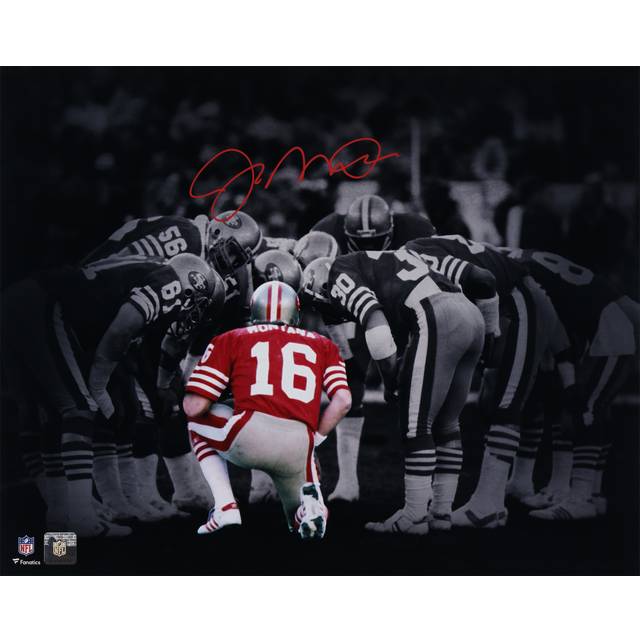 Joe Montana San Francisco 49ers Autographed 16" x 20" Huddle Spotlight Photograph - Signed in Red Ink