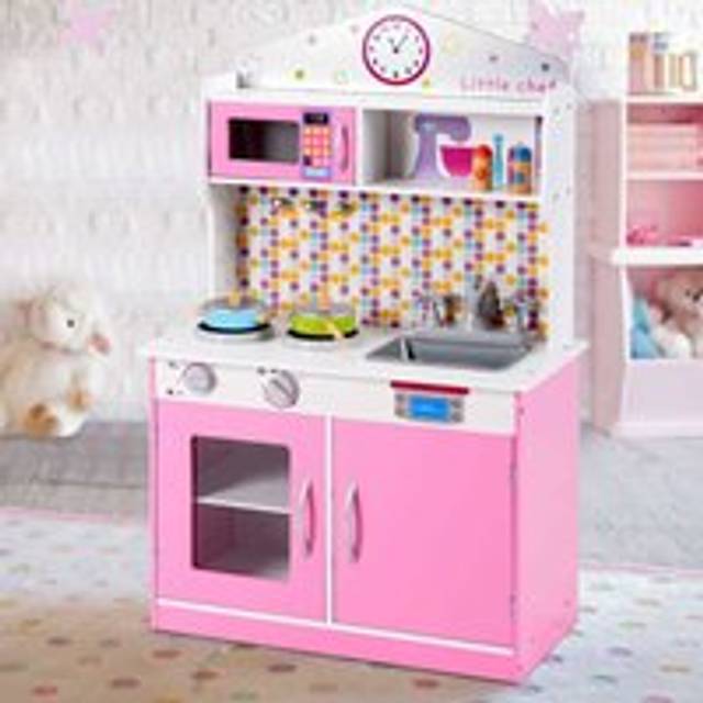 COSTWAY Kids Play Kitchen Set with Microwave Oven, Hooks, Stove and Removable Sink, Educational Children Pretend Kitchen Toy for Nursery and
