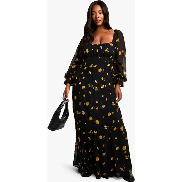 Womens PLUS LONG SLEEVE SMOCK MAXI DRESS - Black - 16