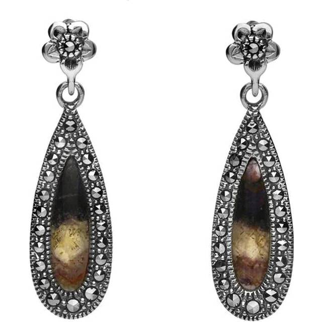 Sterling Silver Blue John Marcasite Pear Drop Stud Earrings - Silver