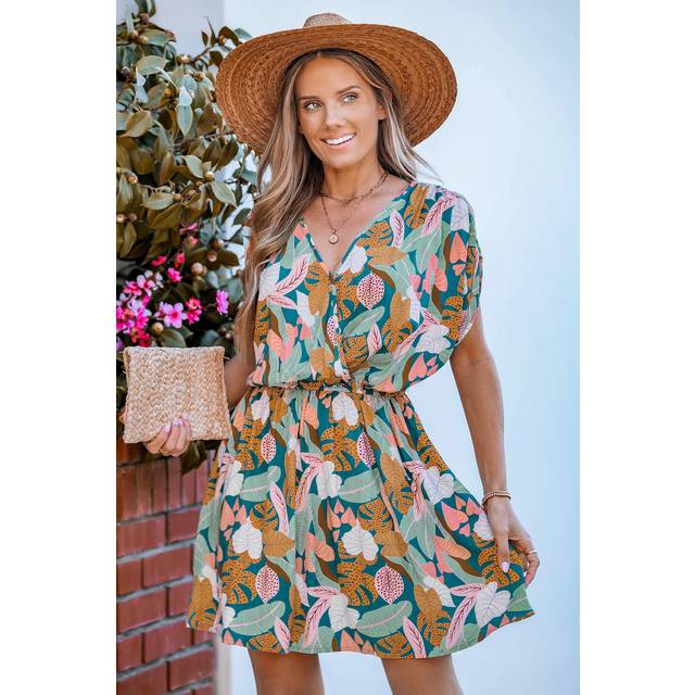 Artistic Palm Surplice Short Sleeve Mini Dress - Orange