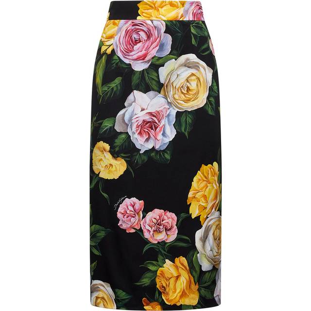 Dolce & Gabbana Women&#39;s Printed Silk Midi Skirt in Black | Size 38 | F4B6UT (38)