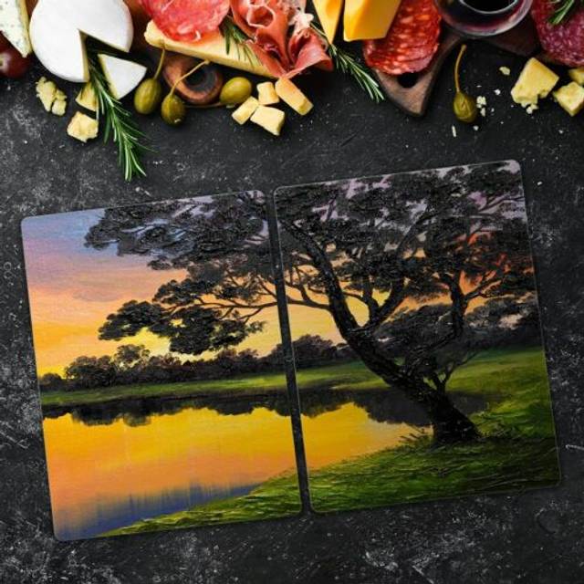 Serving chopping board glass oil painting lake forest trees sky sunset 2x40x52cm