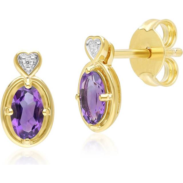 Classic Oval Amethyst & Diamond Heart Stud Earrings In 9ct Yellow Gold