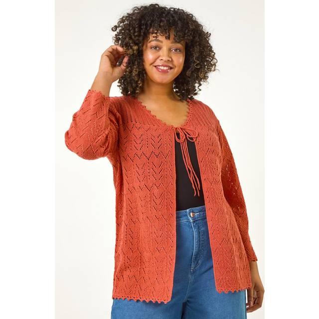 Roman Curve Red Crochet Tie Front Cardigan - Size 26-28