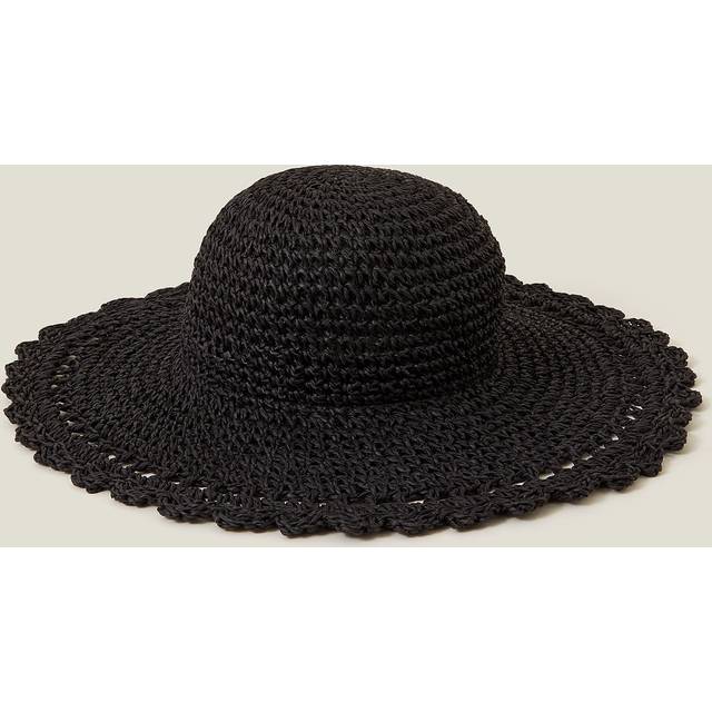Womens Scallop Floppy Straw Sun Hat - Black - One Size