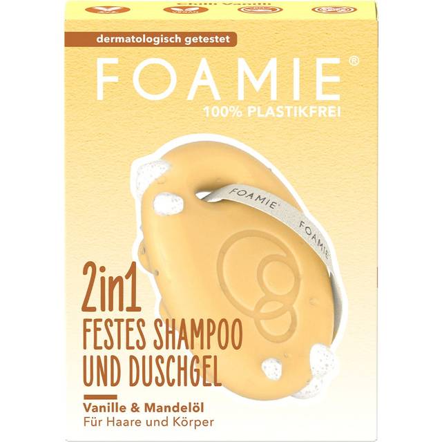 Foamie 2-i-1 fast schampo & duschgel vanilj mandelmjölk | För hår och kropp | Med mandelolja och vaniljdoft | pH-neutral | Vegan och plastfri | 80 g