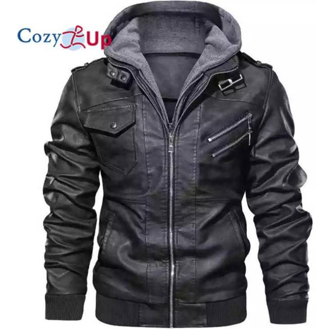 (grey, M) Cozy Up Men's Casual Stand Collar Pu Faux Leather Zip-up Motorcycle Bomber Jacket With A Removable Hood