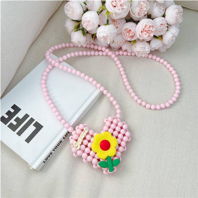 (Pink) Adorable Mini Baby Love Heart Accessory Bag Playful Pearl Chain Coin Purse For Children