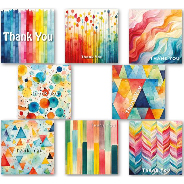 Thank You Cards Multipack of 24. Each Greeting Cards Pack includes 8 Colourful designs. 115 x 115mm. Blank Inside. Envelopes included. Made in UK.