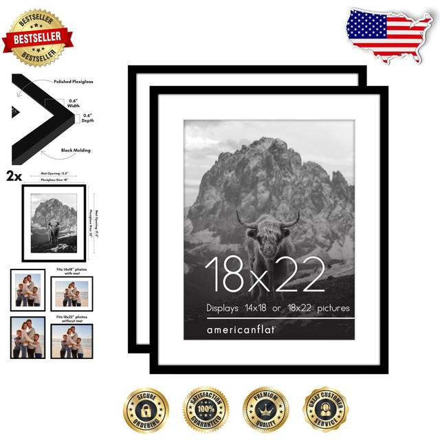 Americanflat 18x22 Picture Frame with Polished Plexiglass - Set of 2 - Use as 14x18 Frame with Mat or 18x22 Frame Without Mat - Galleria Collection -