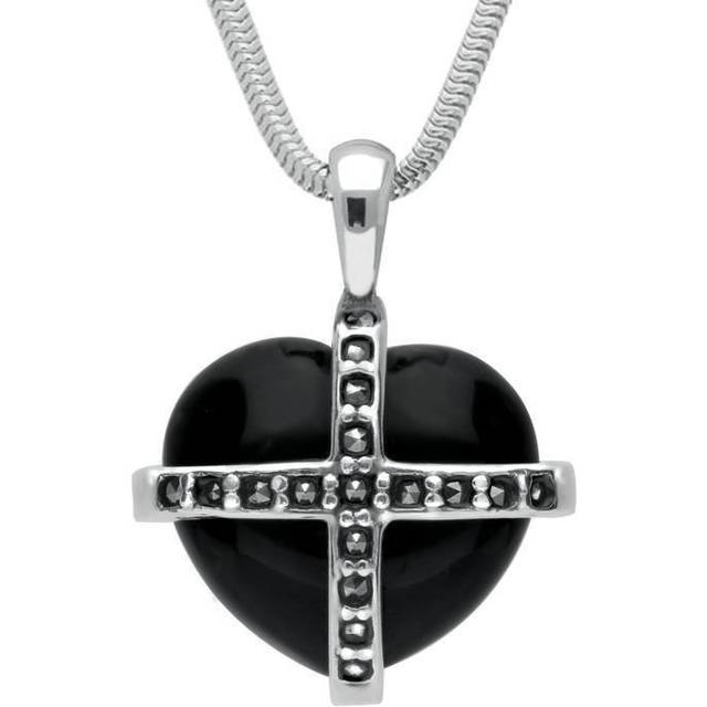 Sterling Silver Whitby Jet Seventeen Marcasite Small Cross Heart Necklace - Silver