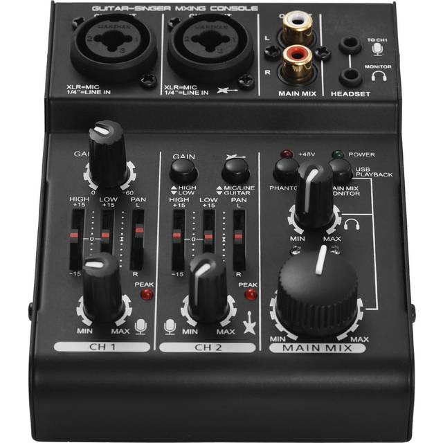 Mini 3-kanals ljudkort mixerkonsol Digital ljudmixer Inbyggd 48V Phantom Power 5V USB svart