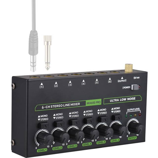 6-Channel Audio Mixer Mini Audio Mixer Stereo Mono Switching 6.35mm TRS/TS Input Metal Shell Type-C EU Plug black