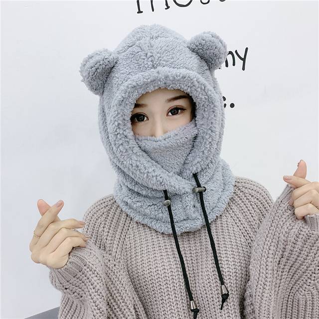 (gray) Winter Children Hat Scarf In One Plus Fleece Kids Warm Caps Parent-child