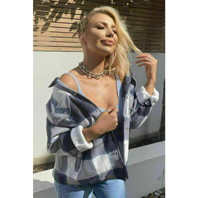 (Navy, M) Womens Check Fleece Casual Jacket Shacket Tunic Oversized Baggy Top Shirt Coat