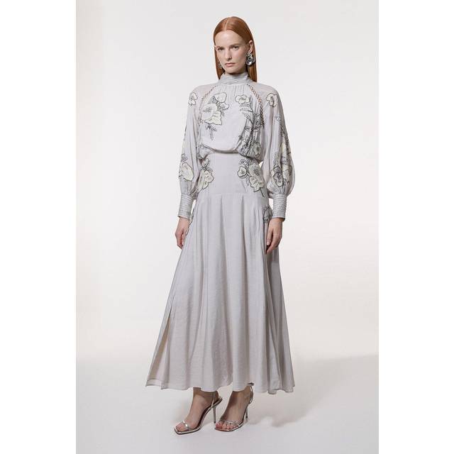 Balloon Sleeve Embroidered And Beaded Woven Maxi Dress - Silver