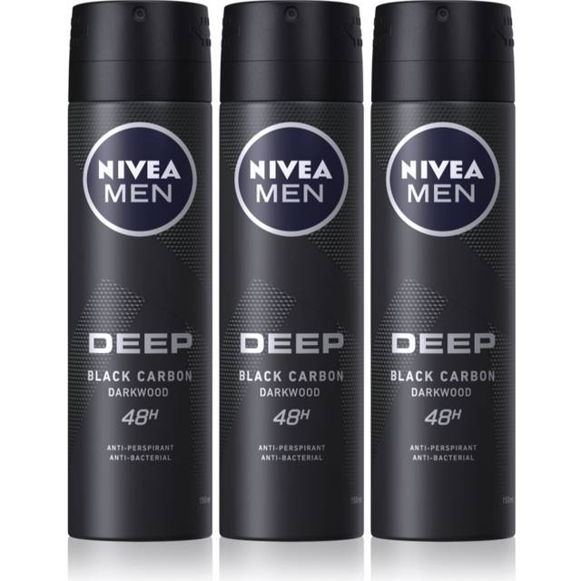 NIVEA MEN Deep Black Carbon Darkwood Antiperspirant Spray Ekonomiförpackning för män 3 x 150 ml