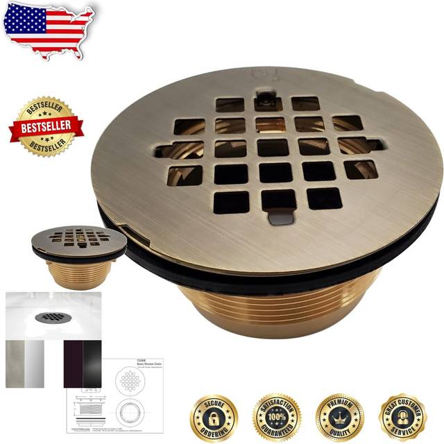 "Westbrass D206B-06 2"""" No-Caulk Compression Shower Drain with 4-1/4"""" Round Grid Cover  1-Pack  Antique Brass"