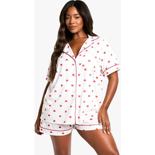 Womens Plus All Over Heart Print Short Jersey Pj Set - White - 22, White