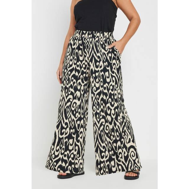 Yours Curve Black Textured Abstract Print Wide Leg Trousers, Women's Curve & Plus Size, Yours - 30-32