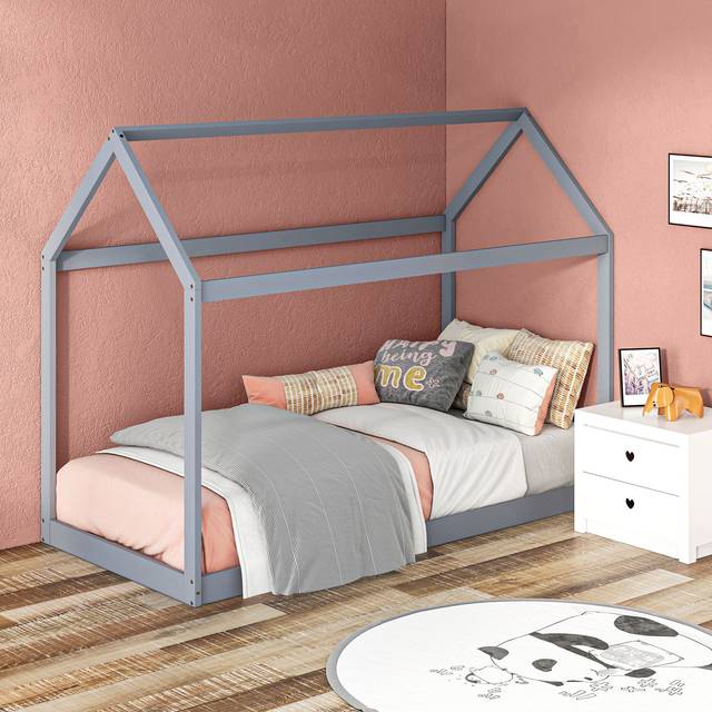 Homcom Single Bed Frame, House Scandinavian Style Wooden Bed Frame For 90w X 190dcm Mattress, Pine Wood Bed Base, Grey