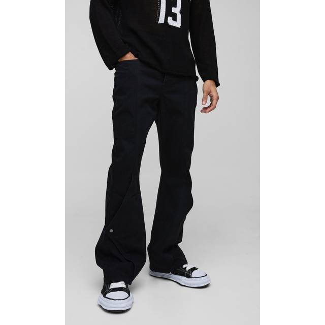 Mens True Black Relaxed Rigid Flared Bootcut Popper Gusset Denim Jeans