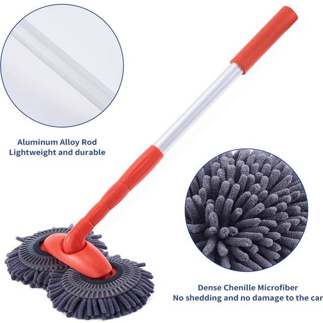 Long Chenille Microfiber Wash Mop with Extension Pole Rotatable Dual Head Car Wash Brush orange