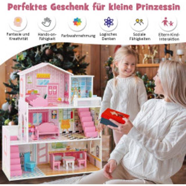 Dockhus i trä med 3 våningar & 10 möbler & 5 rum dockhus drömhus rosa