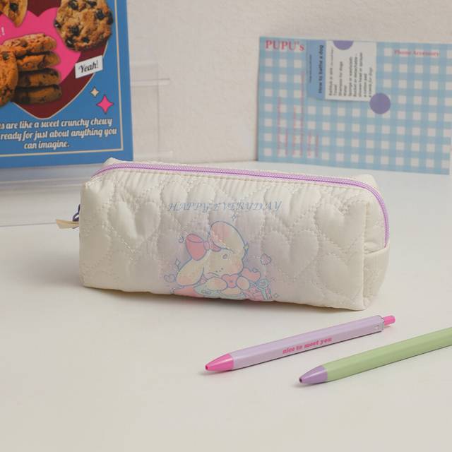 (Violet) Cream Color Girls Pen Bag Large Capacity Stationery Storage Bag Desktop Storage