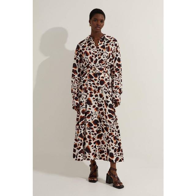 Premium Viscose Linen Woven Shirt Dress With Gold Buckle Belt - Animal