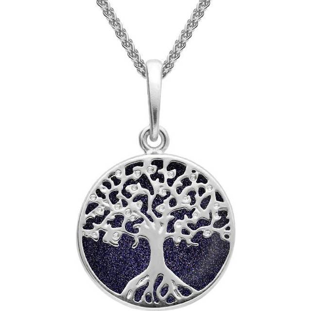 Sterling Silver Blue Goldstone Small Round Tree Of Life Necklace
