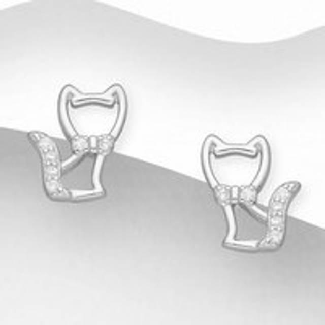 John Greed Signature Silver CZ Cat With Bow Stud Earrings For Women - silver