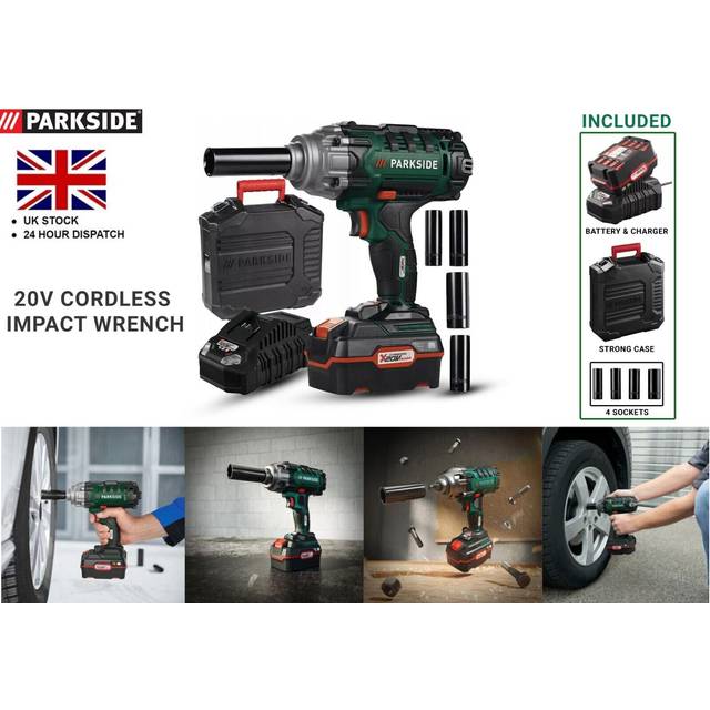 Parkside 20v cordless vehicle impact wrench + 4ah battery & charger + 4 sockets