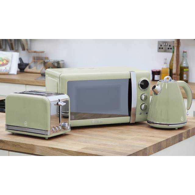 Swan Retro 3 Piece 20L 800W Countertop Microwave with 2 Slice Toaster and Kettle Green 25.2cm H X 44cm W X 30.7cm D